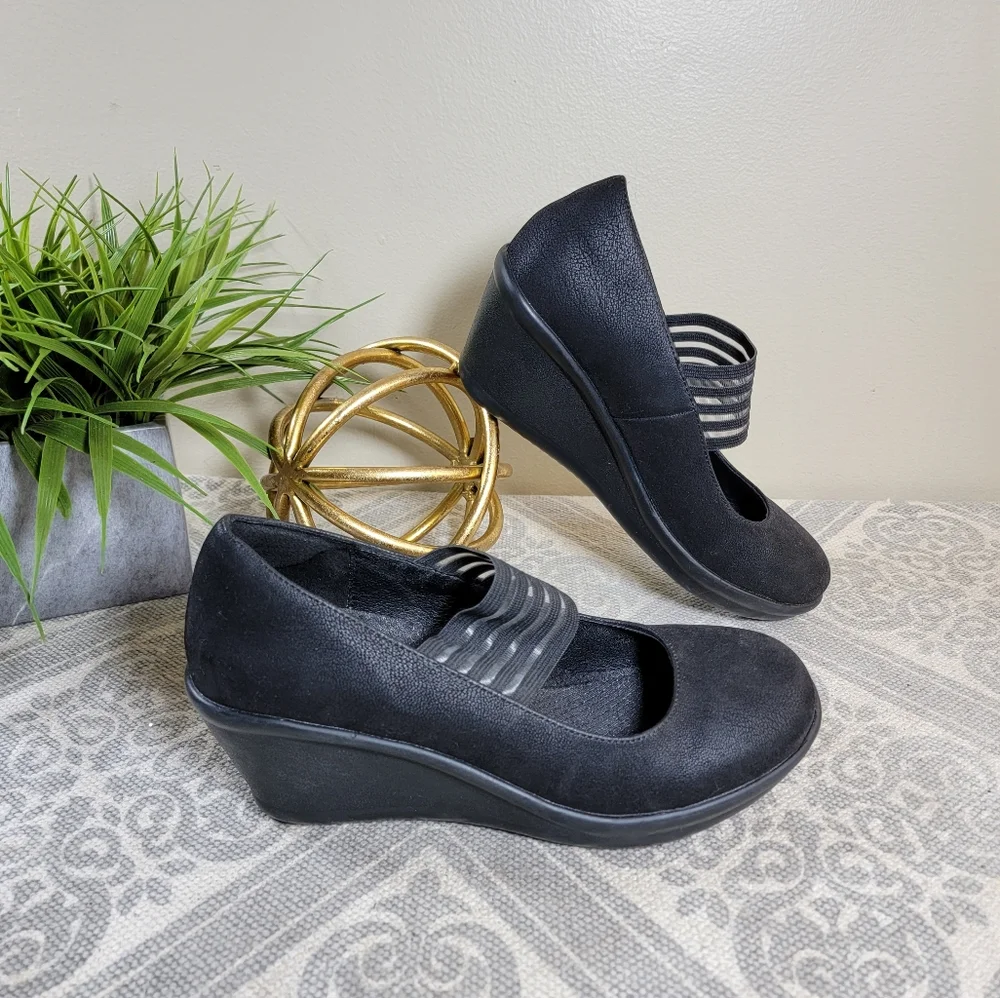Women's Black Mary Jane Wedge Shoes with Elastic Strap Size 7.5